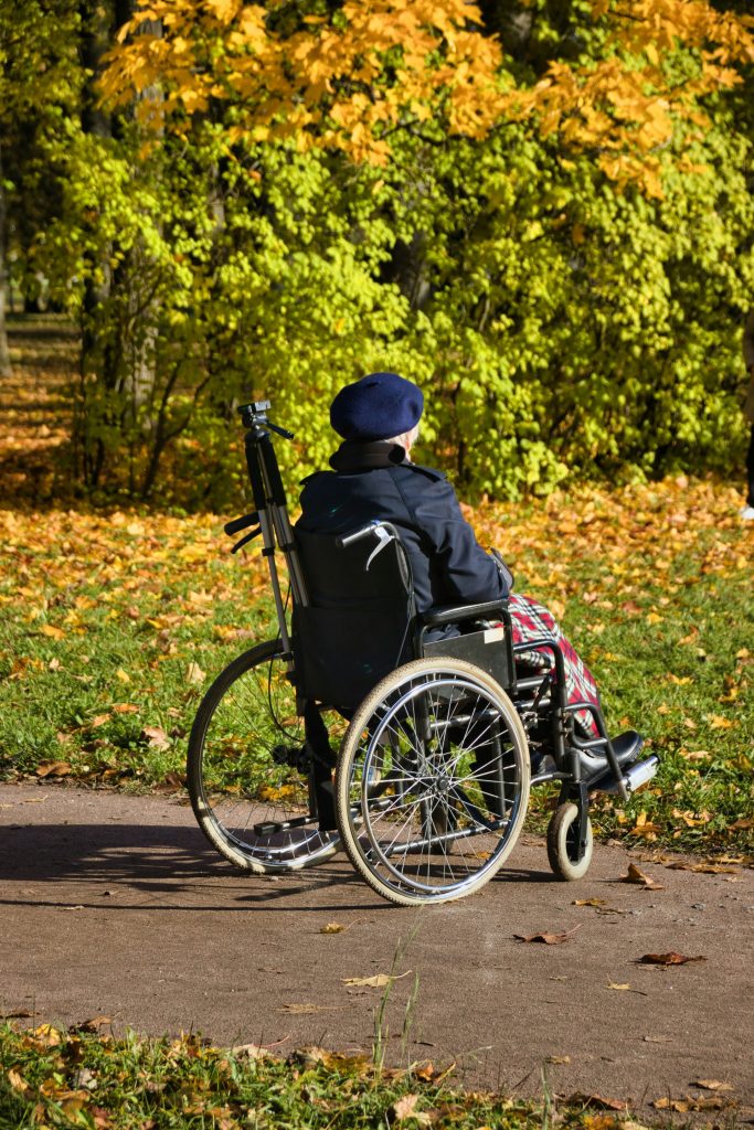 A person in a wheel chair on a path